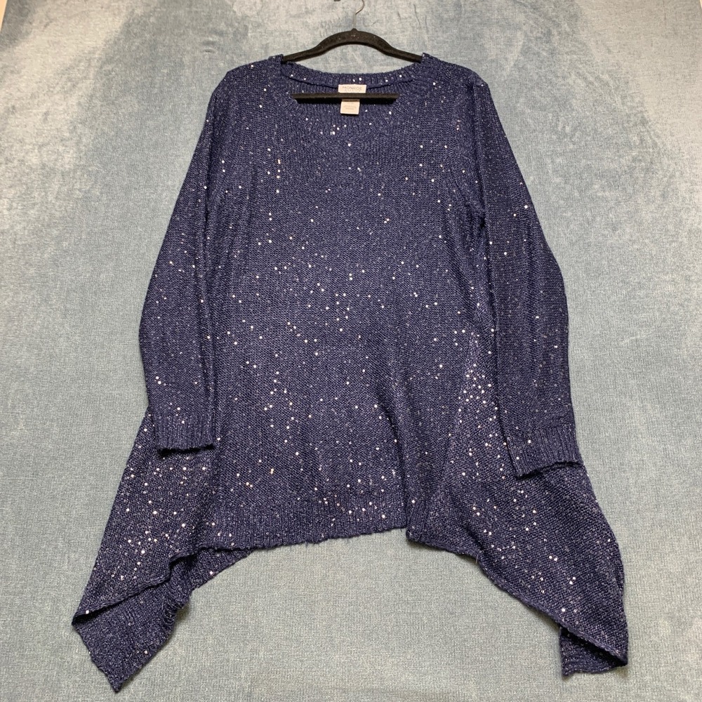 Monroe & Main Tunic Sweater Womens XL Navy Sequin Knit Asymmetrical Hem Pullover